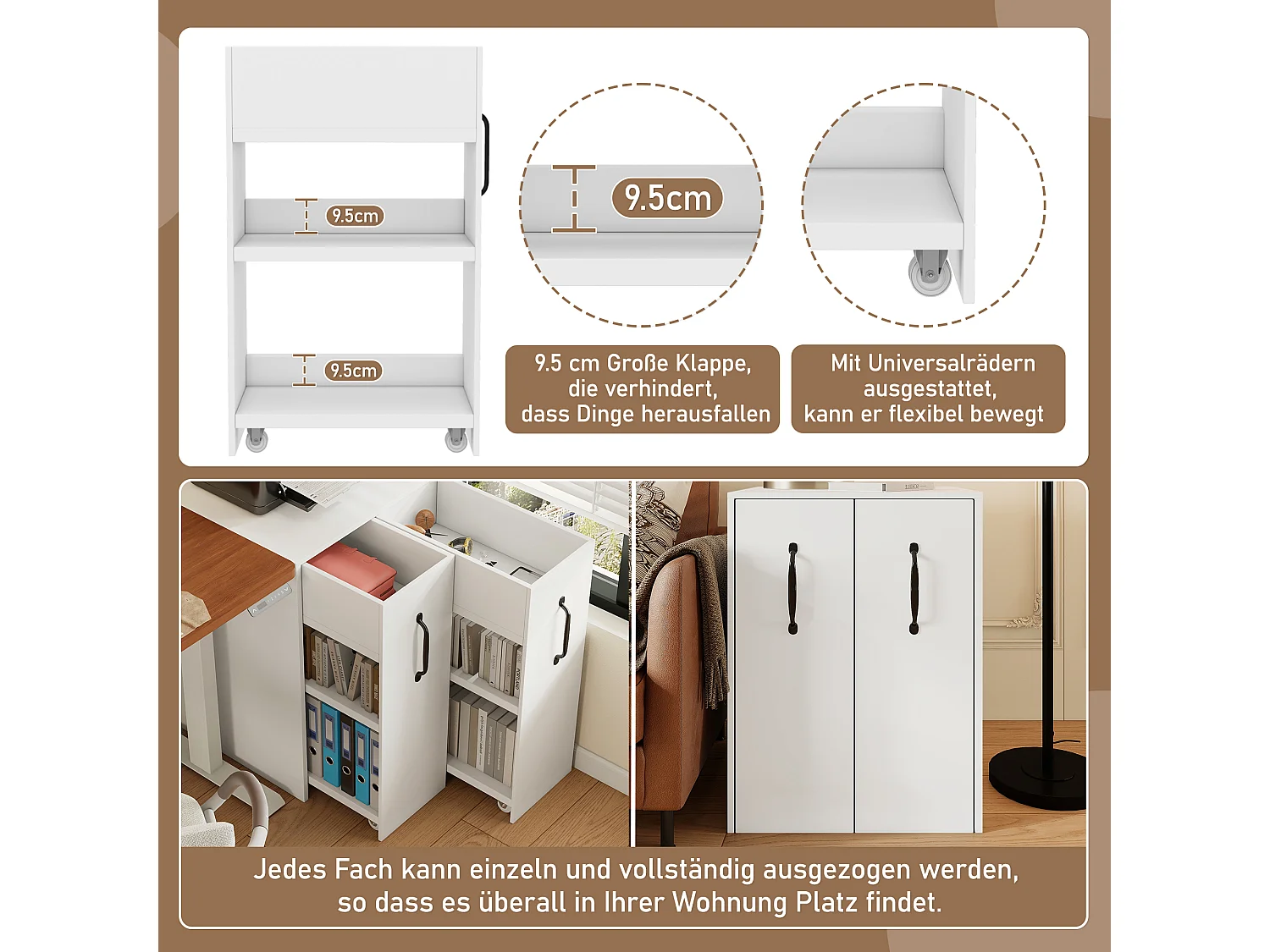 Caisson de bureau à roulettes - 52 x 50 x 75 cm - avec tiroirs - interchangeable gauche-droite - agglomméré - blanc