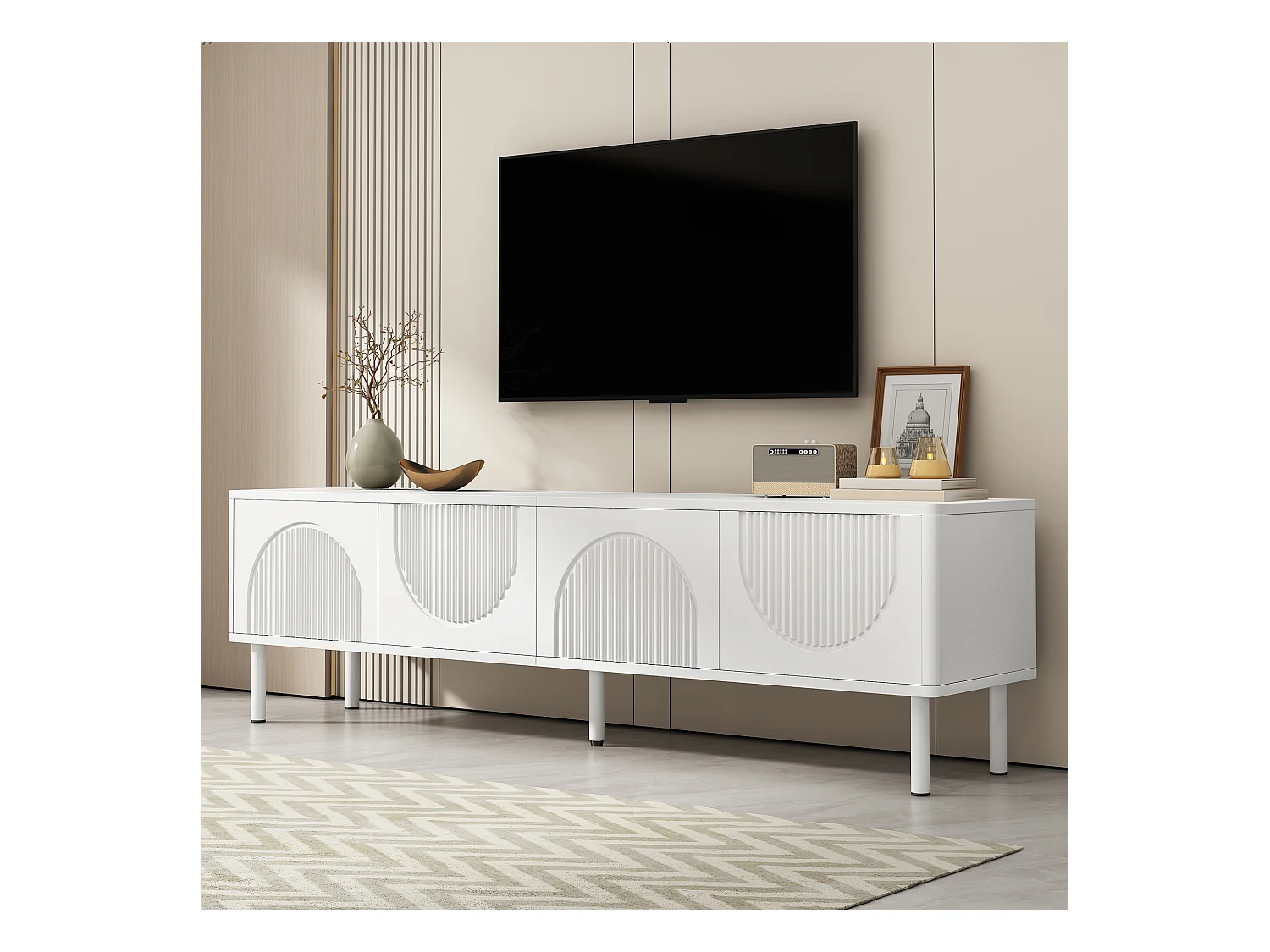 Moderne lage tv-kast - 180 x 40 x 52 cm - met 4 deuren - minimalistisch design - MDF - wit