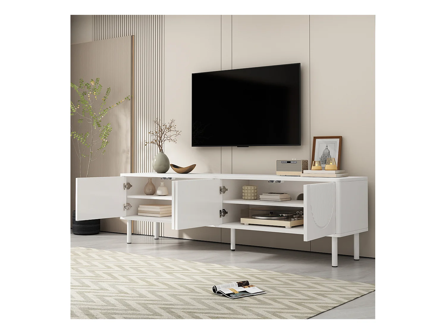 Meuble TV bas moderne - 180 x 40 x 52 cm - avec 4 portes – design minimaliste - MDF - blanc