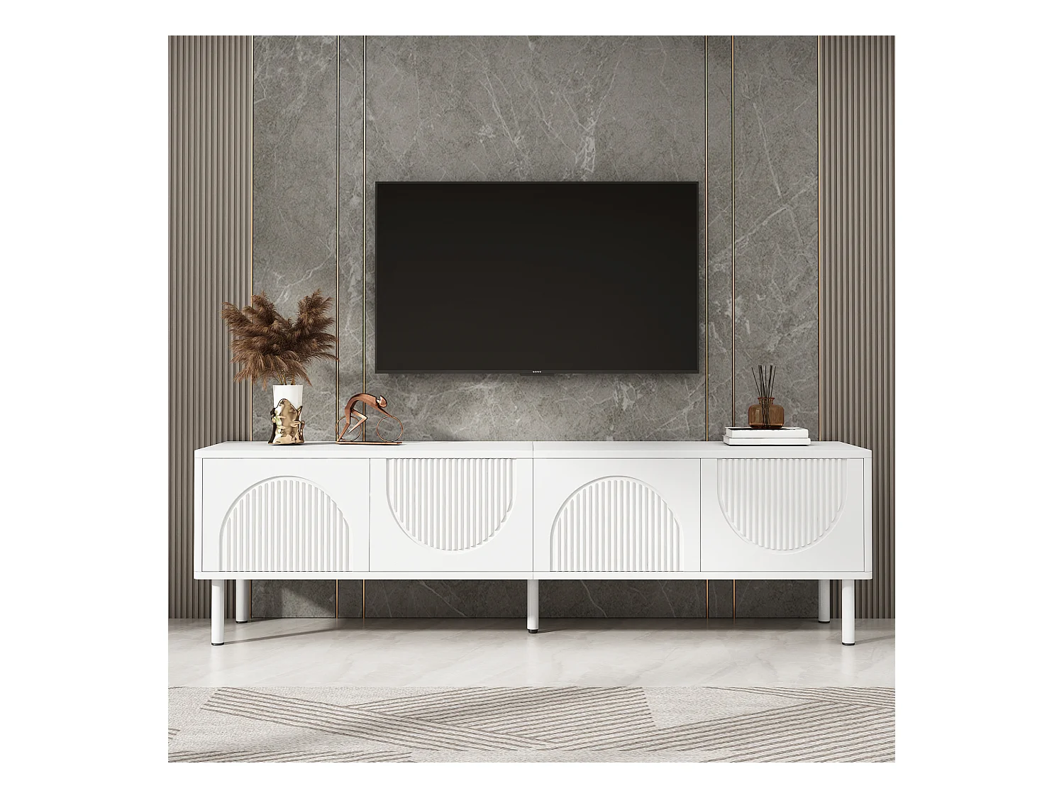 Meuble TV bas moderne - 180 x 40 x 52 cm - avec 4 portes – design minimaliste - MDF - blanc