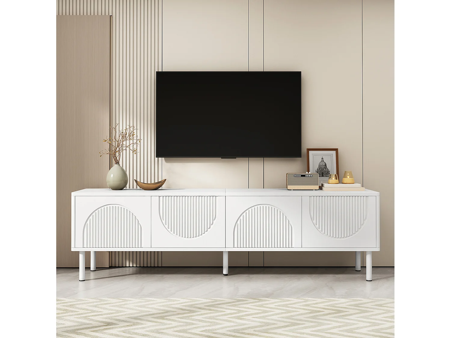Meuble TV bas moderne - 180 x 40 x 52 cm - avec 4 portes – design minimaliste - MDF - blanc