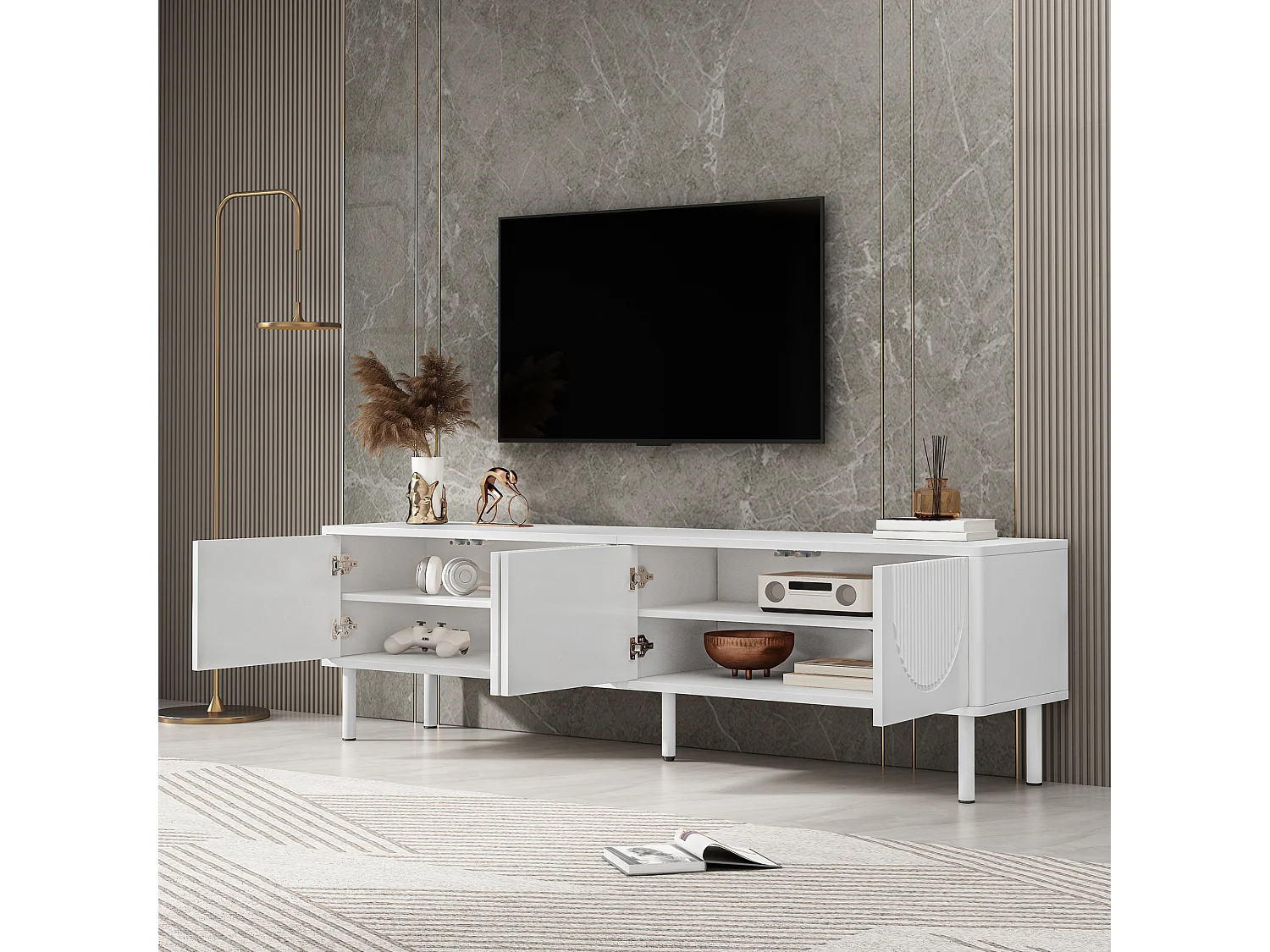 Meuble TV bas moderne - 180 x 40 x 52 cm - avec 4 portes – design minimaliste - MDF - blanc