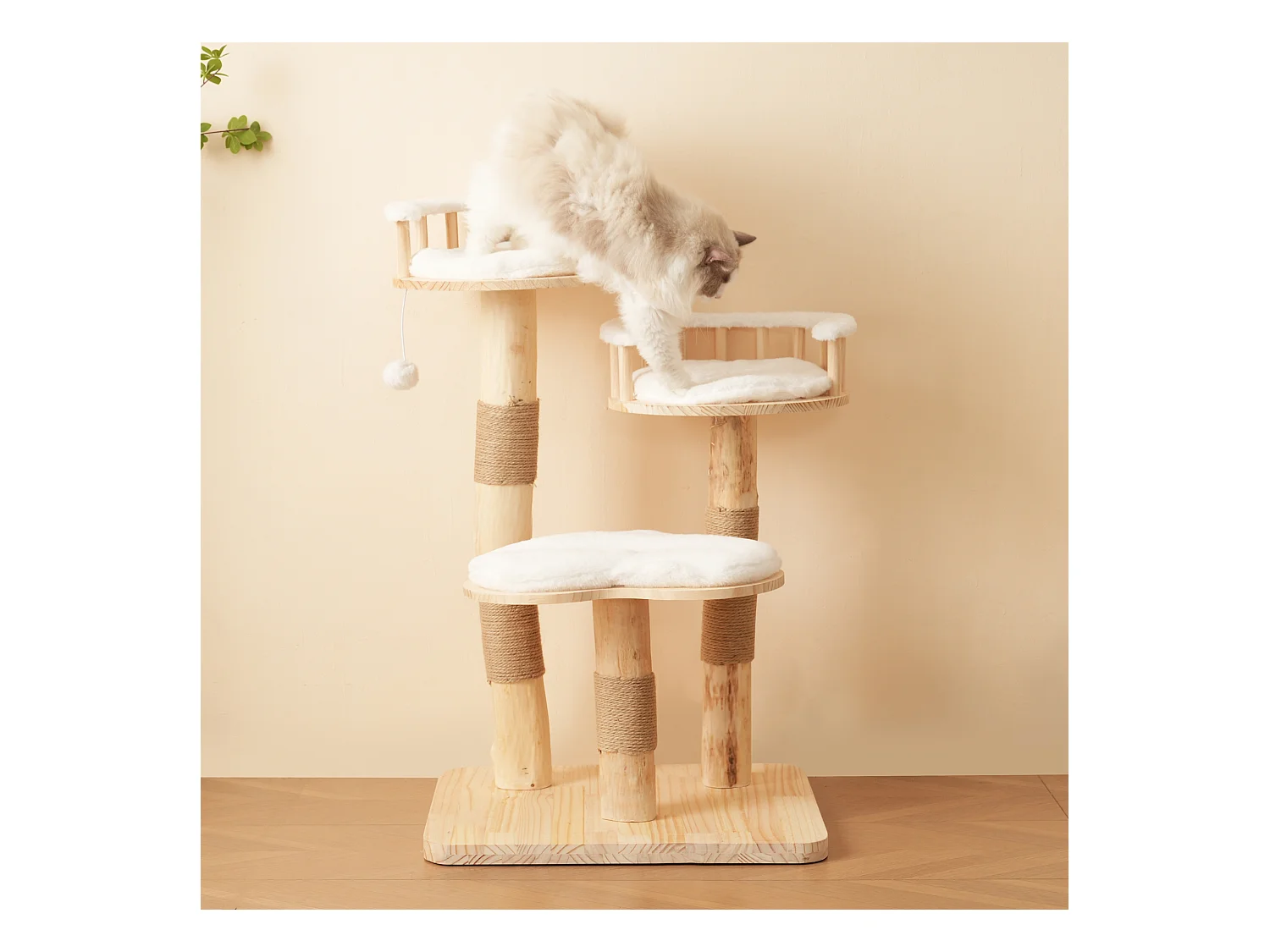 Arbre à chat - 60 x 48 x 98 cm - avec tremplin à 3 niveaux + coussins amovibles + balles de jeu - bois - blanc