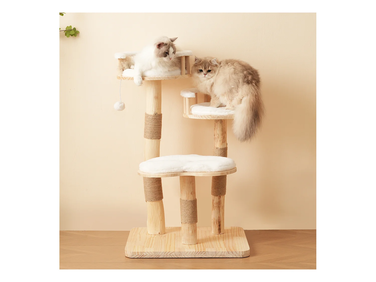 Arbre à chat - 60 x 48 x 98 cm - avec tremplin à 3 niveaux + coussins amovibles + balles de jeu - bois - blanc