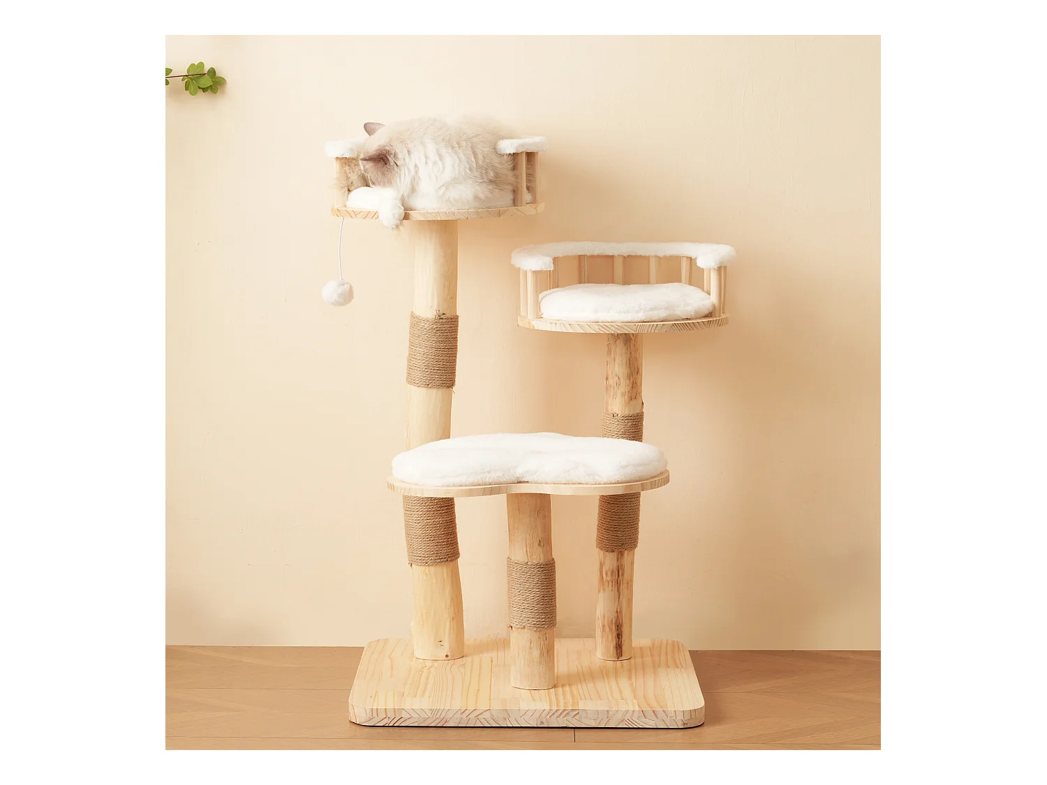 Arbre à chat - 60 x 48 x 98 cm - avec tremplin à 3 niveaux + coussins amovibles + balles de jeu - bois - blanc