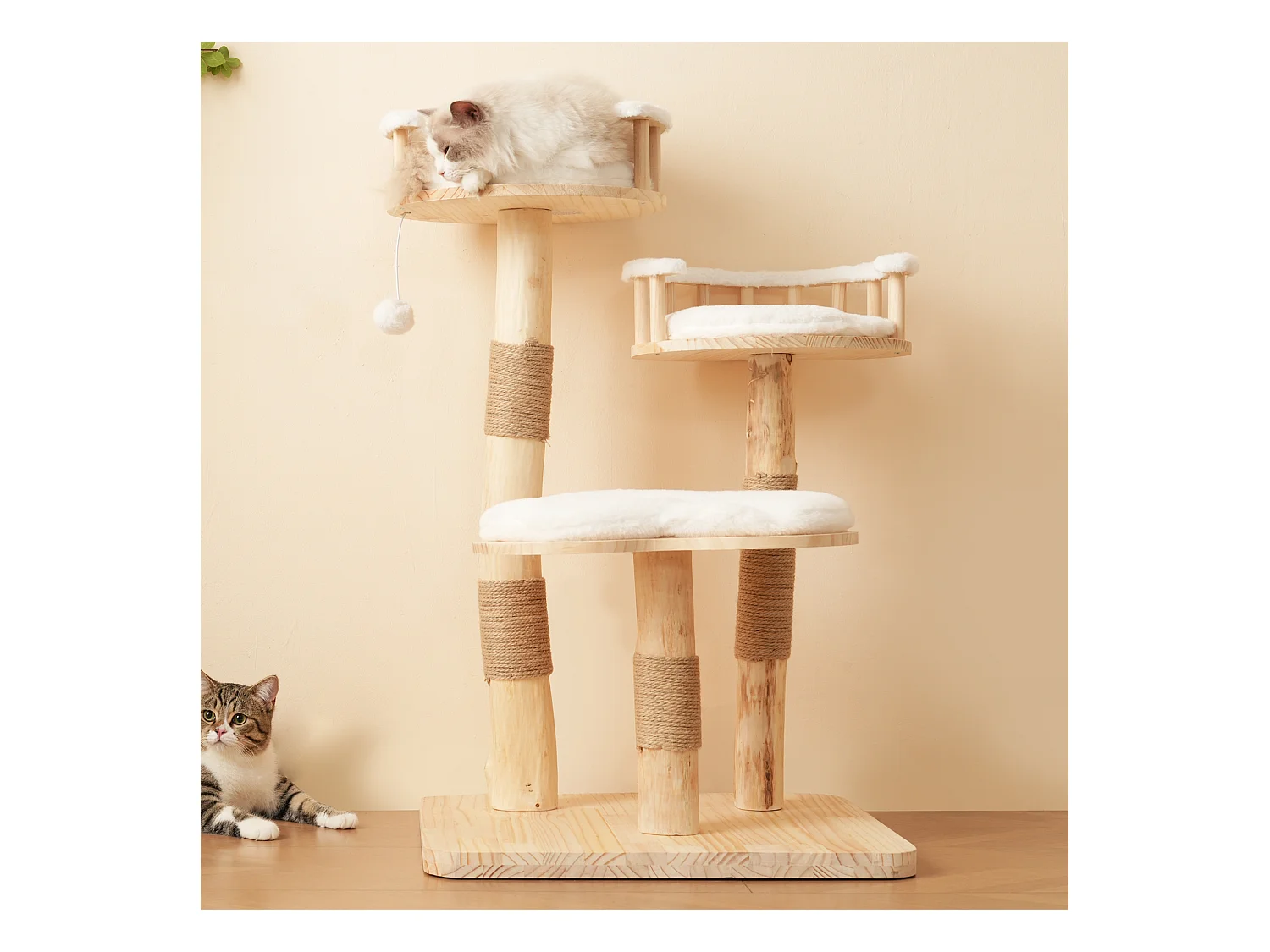 Arbre à chat - 60 x 48 x 98 cm - avec tremplin à 3 niveaux + coussins amovibles + balles de jeu - bois - blanc