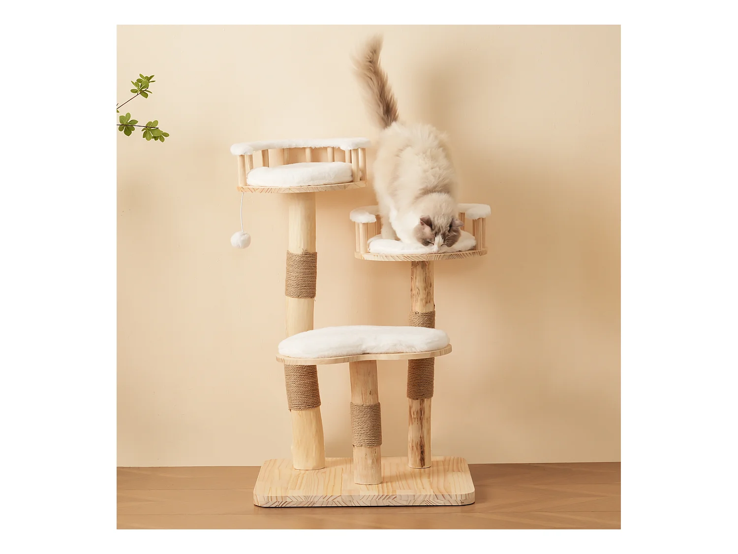 Arbre à chat - 60 x 48 x 98 cm - avec tremplin à 3 niveaux + coussins amovibles + balles de jeu - bois - blanc