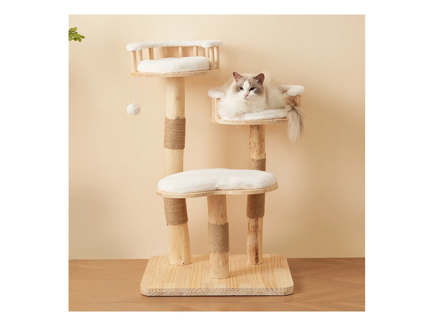 Arbre à chat - 60 x 48 x 98 cm - avec tremplin à 3 niveaux + coussins amovibles + balles de jeu - bois - blanc