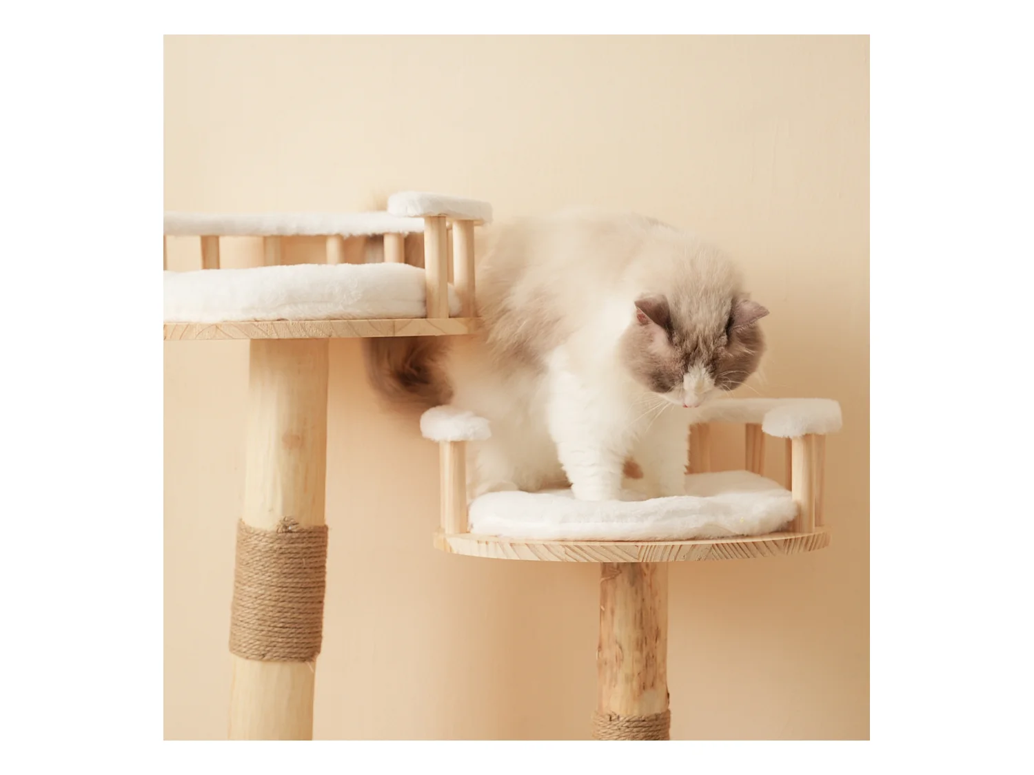 Arbre à chat - 60 x 48 x 98 cm - avec tremplin à 3 niveaux + coussins amovibles + balles de jeu - bois - blanc