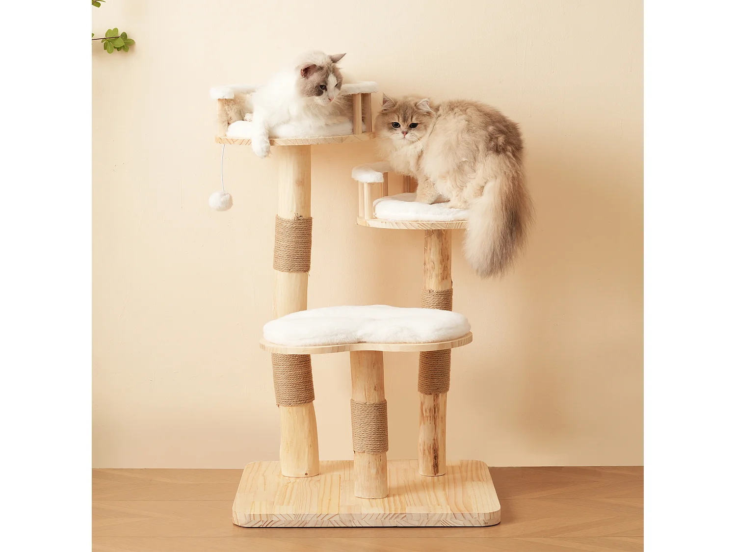 Arbre à chat - 60 x 48 x 98 cm - avec tremplin à 3 niveaux + coussins amovibles + balles de jeu - bois - blanc