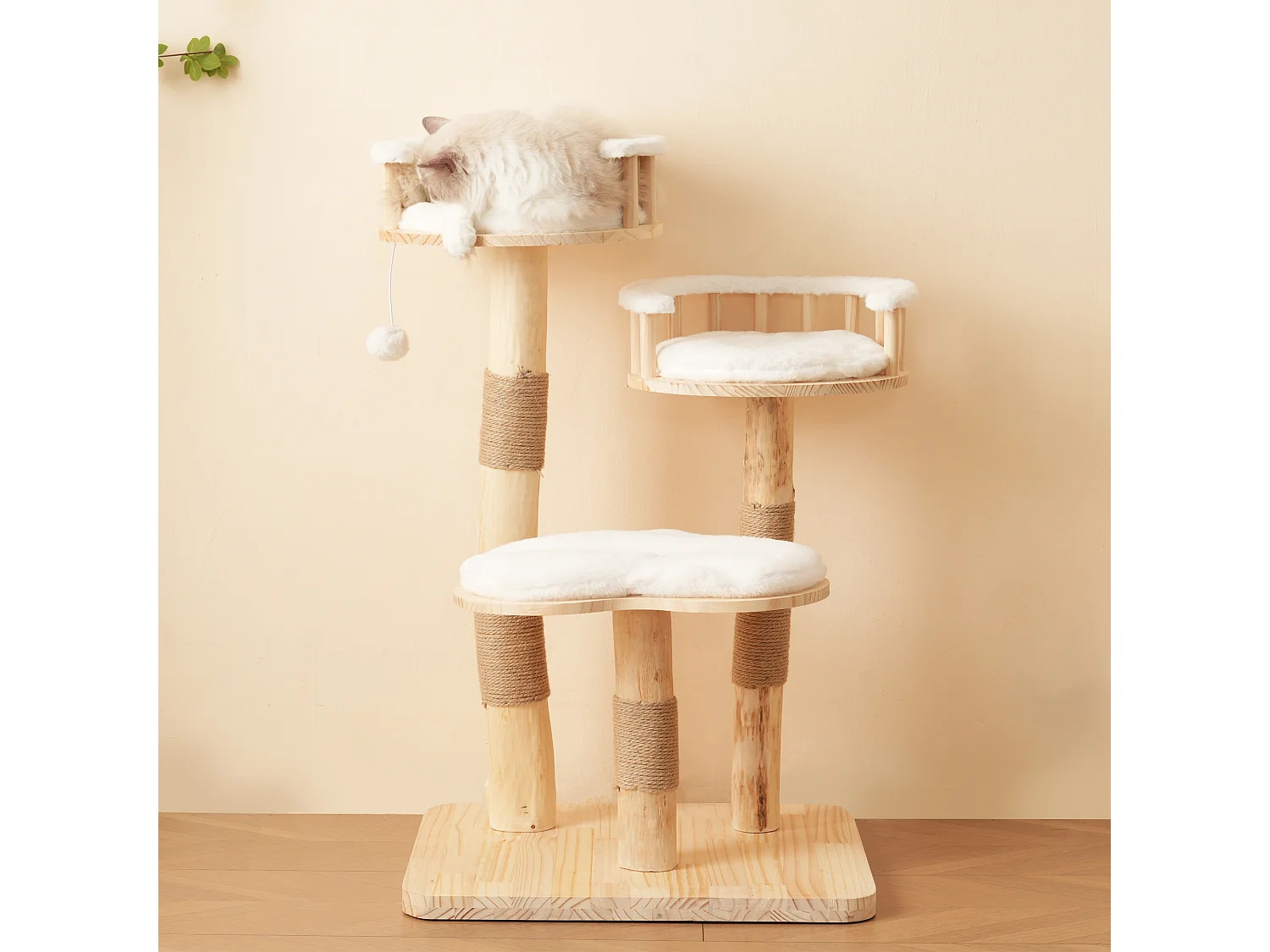 Arbre à chat - 60 x 48 x 98 cm - avec tremplin à 3 niveaux + coussins amovibles + balles de jeu - bois - blanc