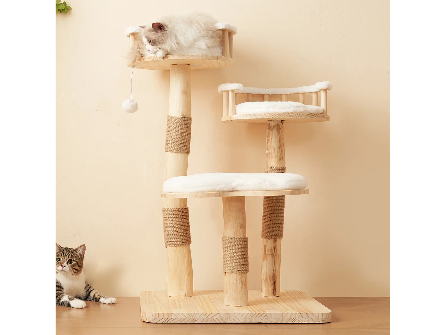 Arbre à chat - 60 x 48 x 98 cm - avec tremplin à 3 niveaux + coussins amovibles + balles de jeu - bois - blanc