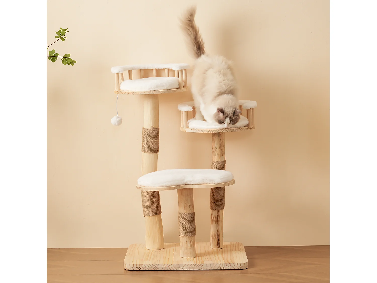 Arbre à chat - 60 x 48 x 98 cm - avec tremplin à 3 niveaux + coussins amovibles + balles de jeu - bois - blanc
