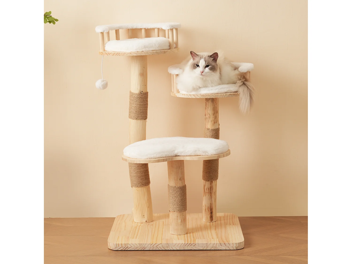 Arbre à chat - 60 x 48 x 98 cm - avec tremplin à 3 niveaux + coussins amovibles + balles de jeu - bois - blanc