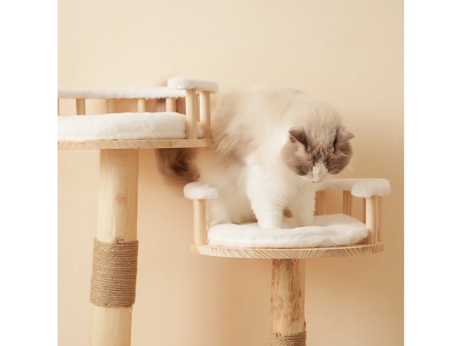 Arbre à chat - 60 x 48 x 98 cm - avec tremplin à 3 niveaux + coussins amovibles + balles de jeu - bois - blanc