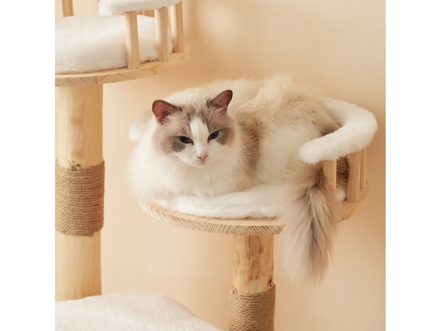 Arbre à chat - 60 x 48 x 98 cm - avec tremplin à 3 niveaux + coussins amovibles + balles de jeu - bois - blanc