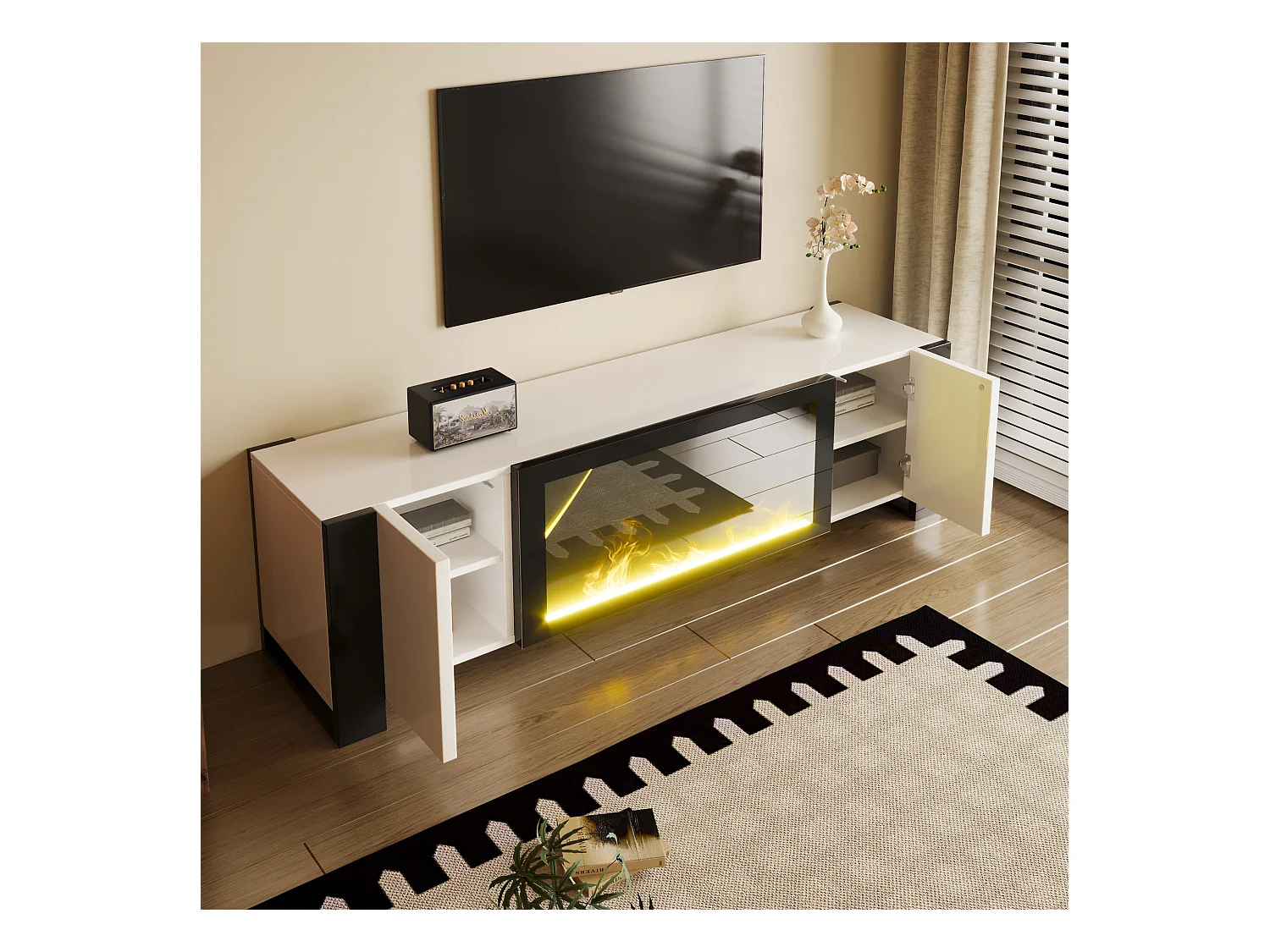 Móvel de TV brilhante - 165 x 32 x 45 cm - com efeito de chama - sem função de aquecimento - aglomerado - branco