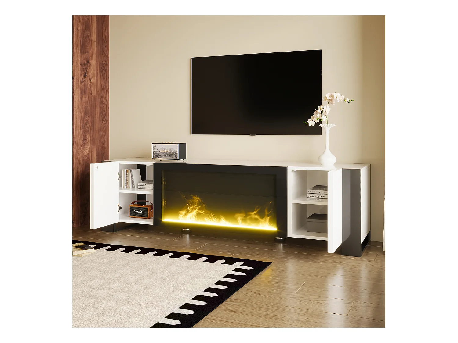 Móvel de TV brilhante - 165 x 32 x 45 cm - com efeito de chama - sem função de aquecimento - aglomerado - branco