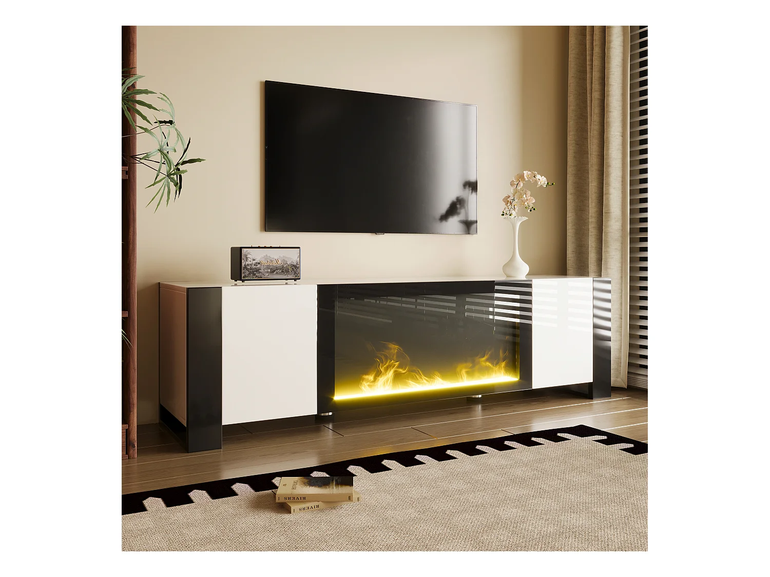 Móvel de TV brilhante - 165 x 32 x 45 cm - com efeito de chama - sem função de aquecimento - aglomerado - branco