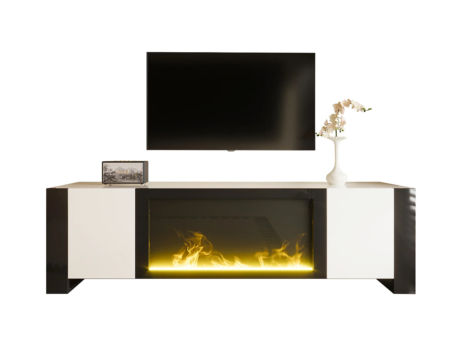 Meuble TV brillante - 165 x 32 x 45 cm - avec effet flamme - sans fonction de chauffage - aggloméré - blanc