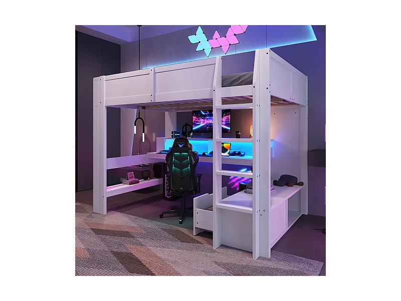 Kinderhochbett - 140 x 200 cm - mit Schreibtisch + LEDs + 1 Schublade + Regale - Kiefer - weiß