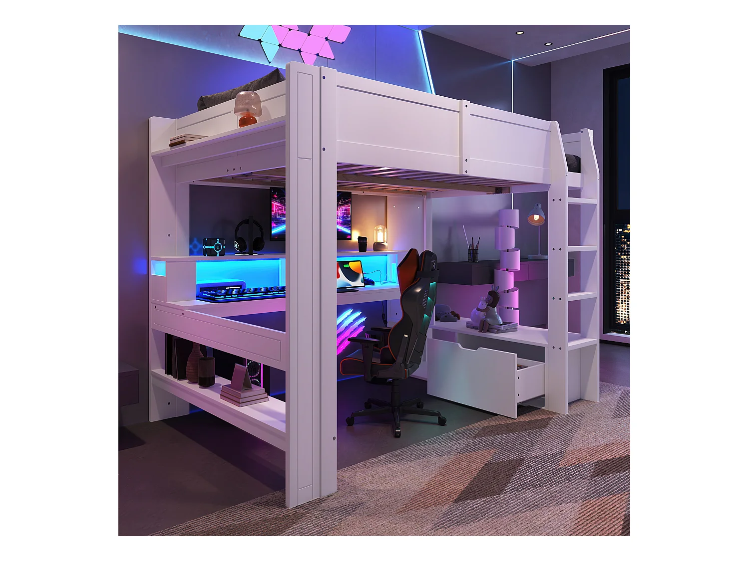 Kinderhochbett - 140 x 200 cm - mit Schreibtisch + LEDs + 1 Schublade + Regale - Kiefer - weiß