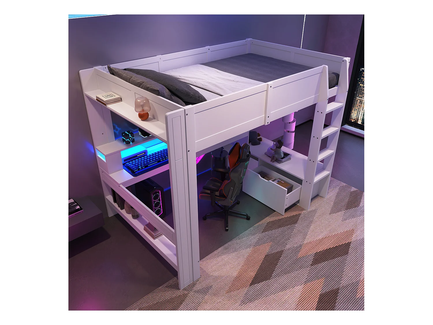 Kinderhochbett - 140 x 200 cm - mit Schreibtisch + LEDs + 1 Schublade + Regale - Kiefer - weiß