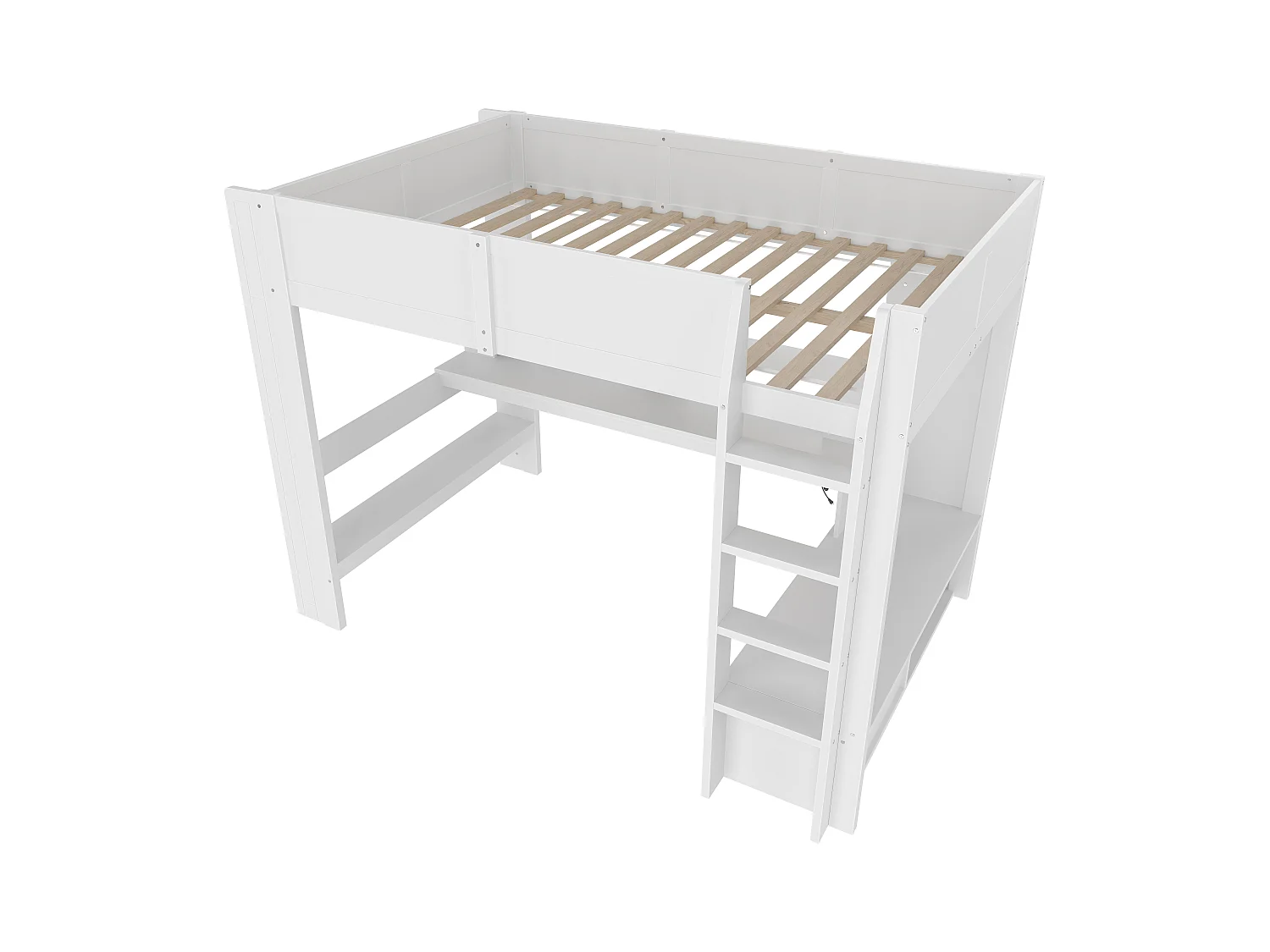 Kinderhochbett - 140 x 200 cm - mit Schreibtisch + LEDs + 1 Schublade + Regale - Kiefer - weiß