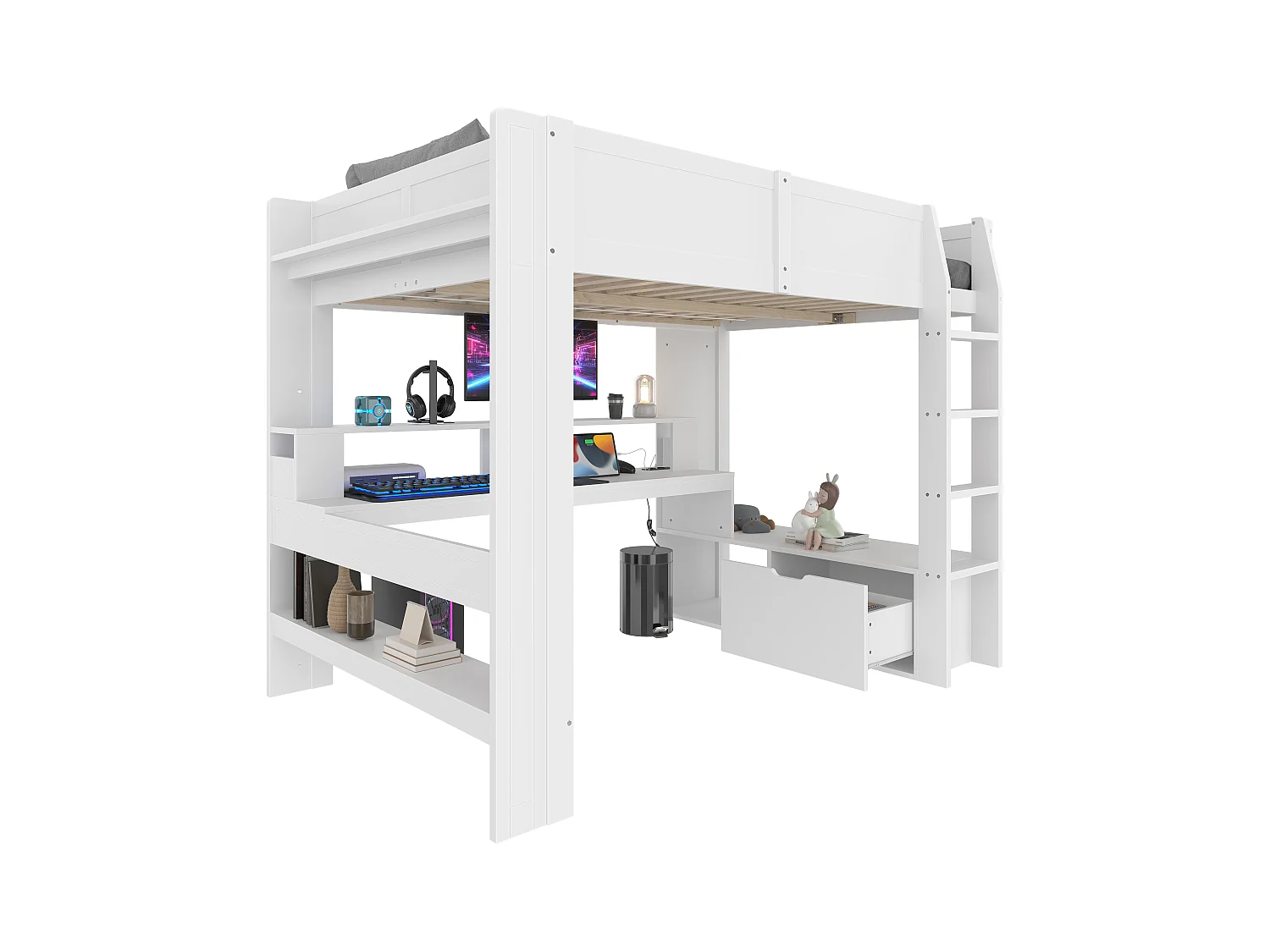 Lit mezzanine enfant - 140 x 200 cm - avec bureau + Leds + 1 tiroir + étagères - pin - blanc