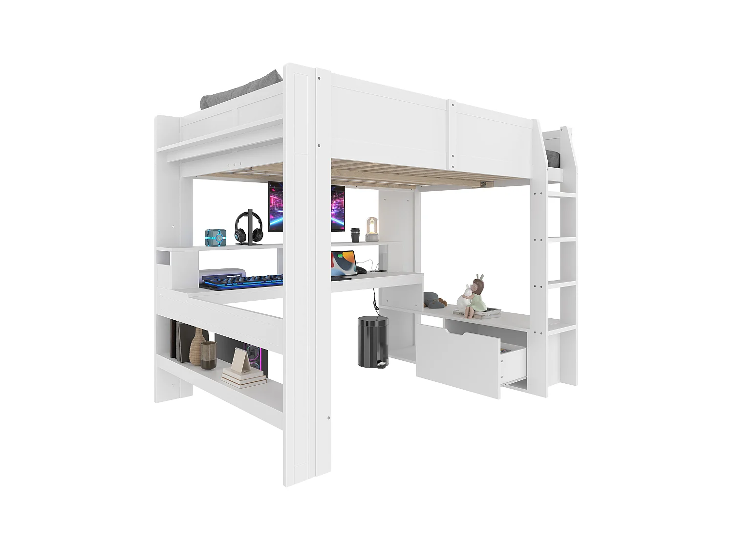 Lit mezzanine enfant - 140 x 200 cm - avec bureau + Leds + 1 tiroir + étagères - pin - blanc