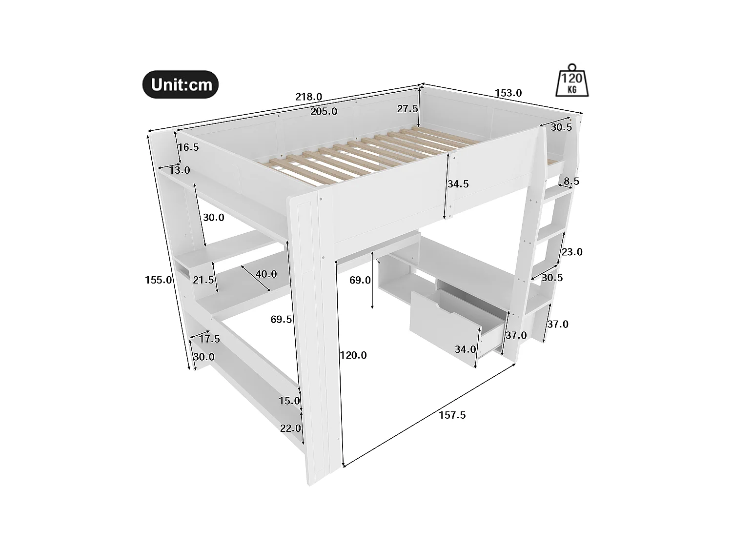 Lit mezzanine enfant - 140 x 200 cm - avec bureau + Leds + 1 tiroir + étagères - pin - blanc