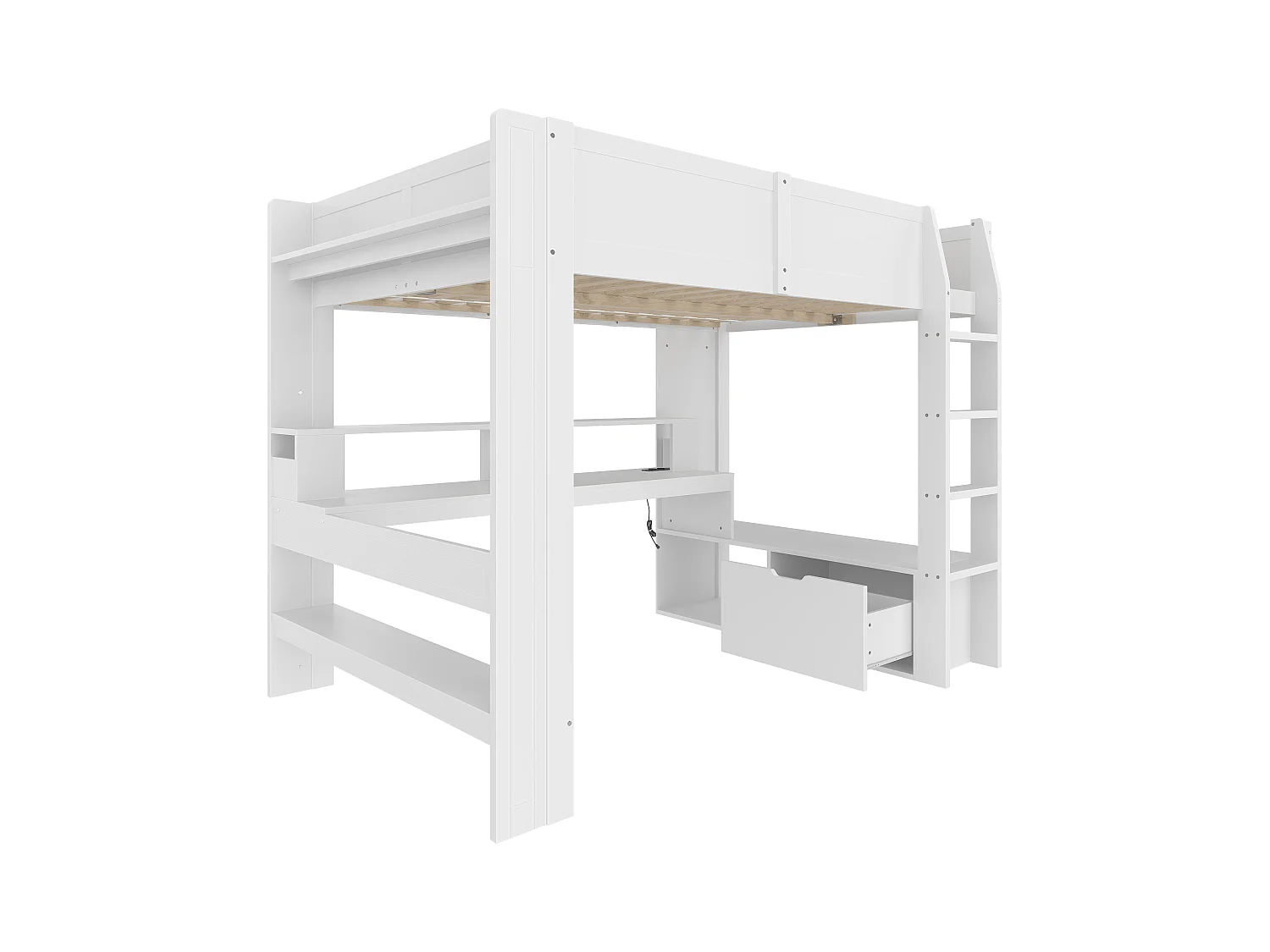 Lit mezzanine enfant - 140 x 200 cm - avec bureau + Leds + 1 tiroir + étagères - pin - blanc