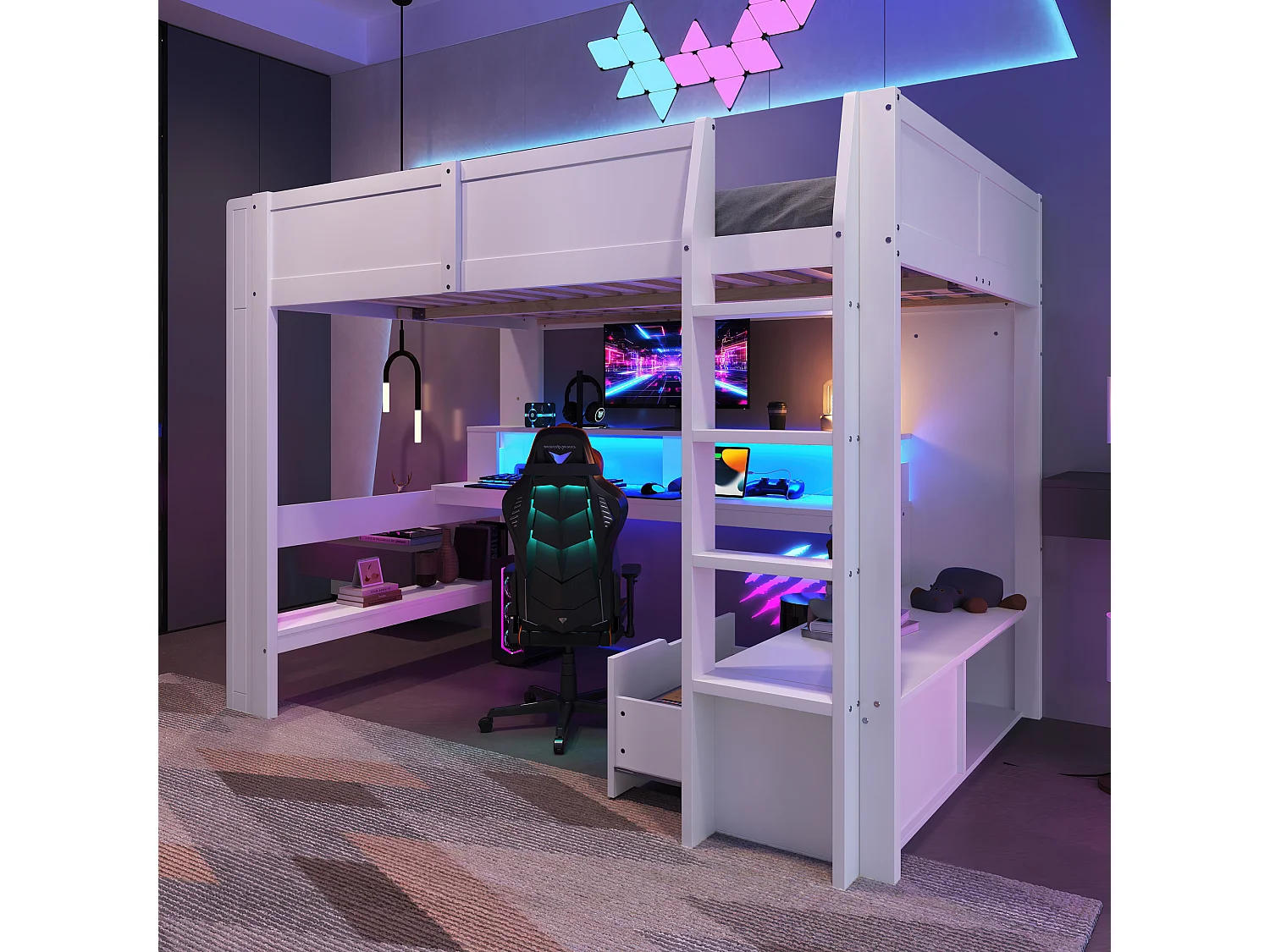 Lit mezzanine enfant - 140 x 200 cm - avec bureau + Leds + 1 tiroir + étagères - pin - blanc