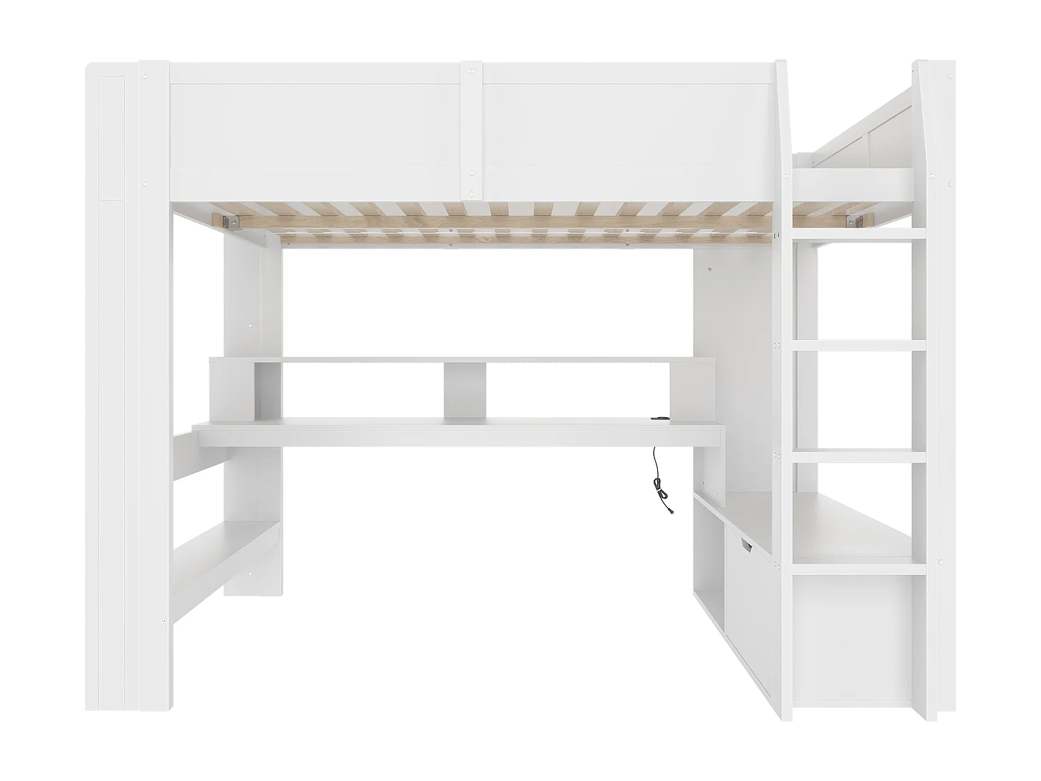 Lit mezzanine enfant - 140 x 200 cm - avec bureau + Leds + 1 tiroir + étagères - pin - blanc