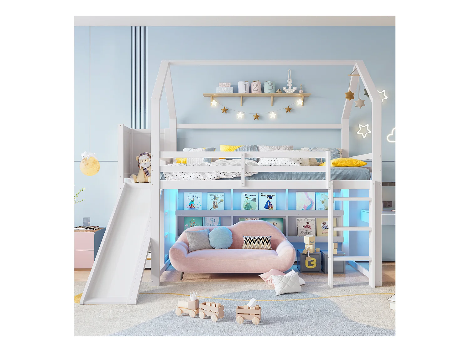 Lit mezzanine enfant - 90 x 200 cm - avec Leds + étagères + clôture - forme maison - pin - blanc
