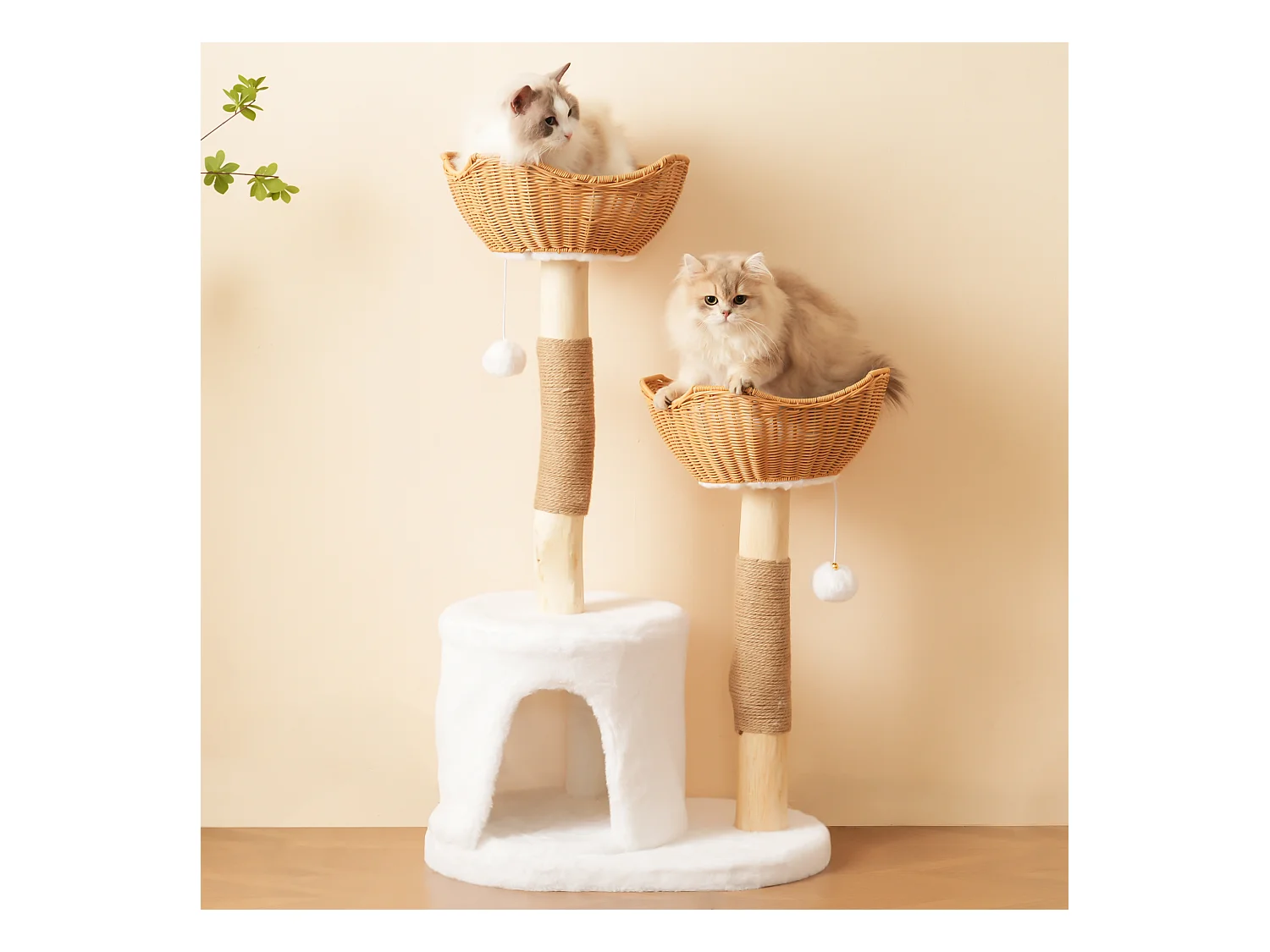 Arbre à chat - 60 x 42 x 108 cm – avec 2 paniers + 1 grotte + balle en peluche + coussin épais - bois - naturel clair