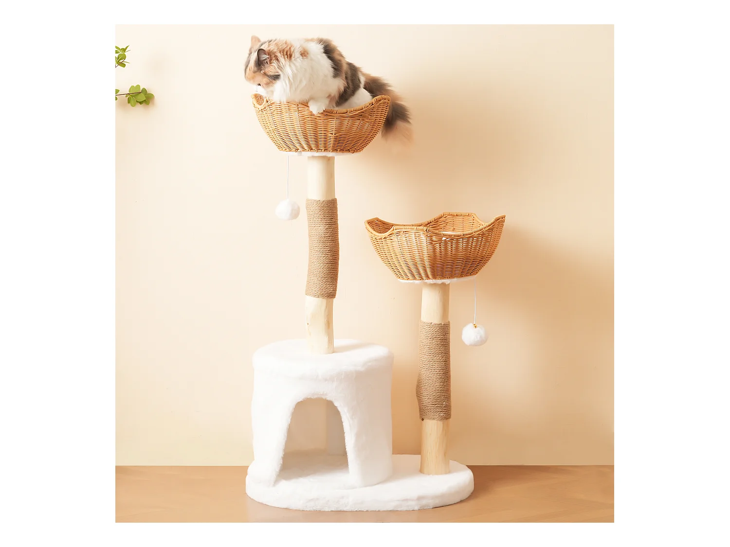 Arbre à chat - 60 x 42 x 108 cm – avec 2 paniers + 1 grotte + balle en peluche + coussin épais - bois - naturel clair