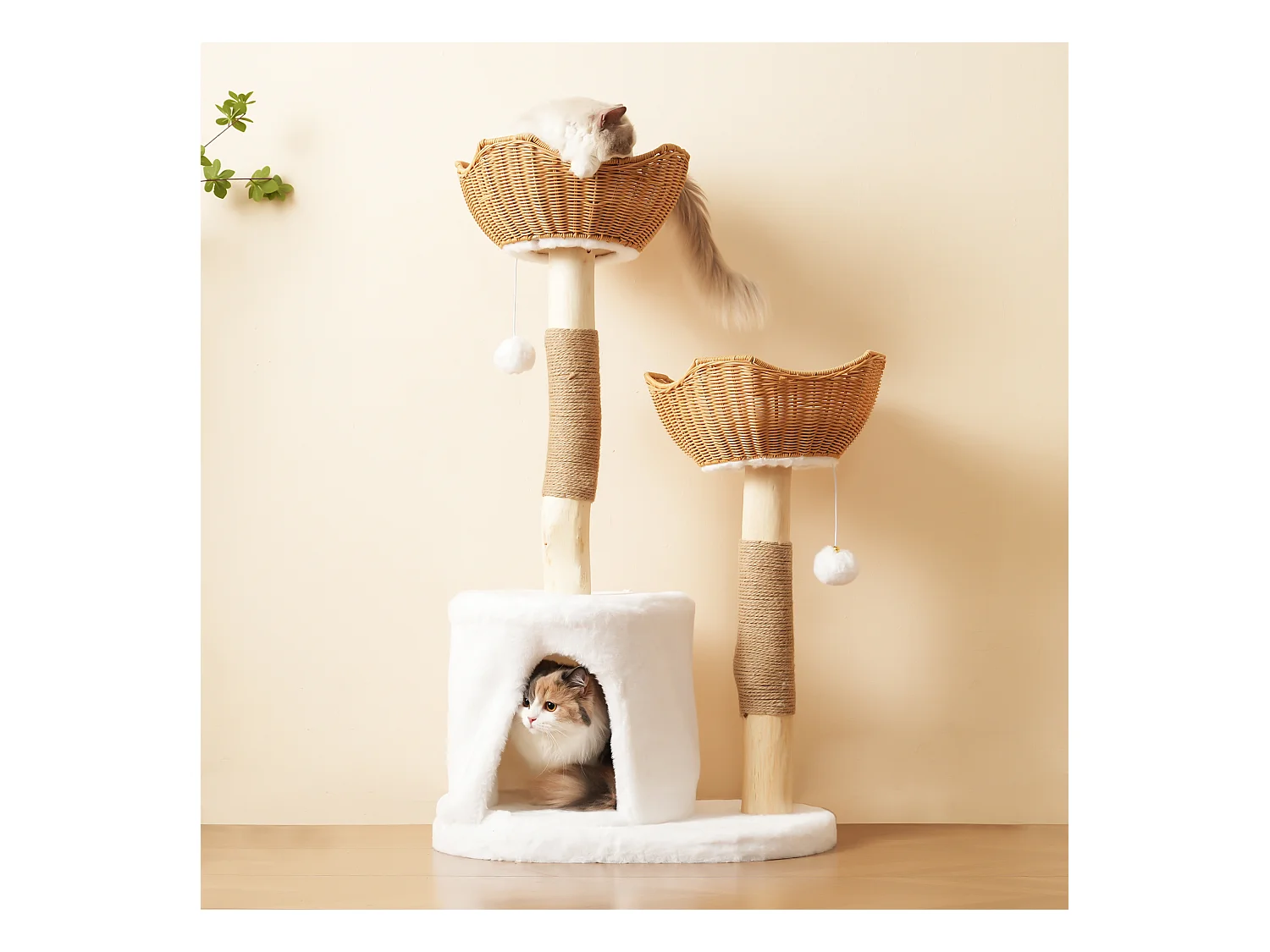 Arbre à chat - 60 x 42 x 108 cm – avec 2 paniers + 1 grotte + balle en peluche + coussin épais - bois - naturel clair