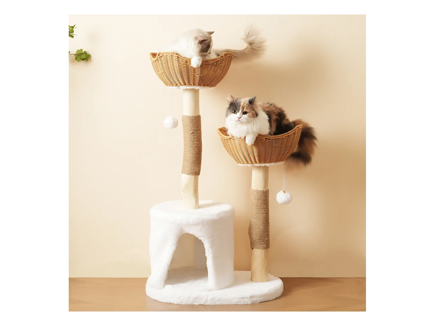 Arbre à chat - 60 x 42 x 108 cm – avec 2 paniers + 1 grotte + balle en peluche + coussin épais - bois - naturel clair