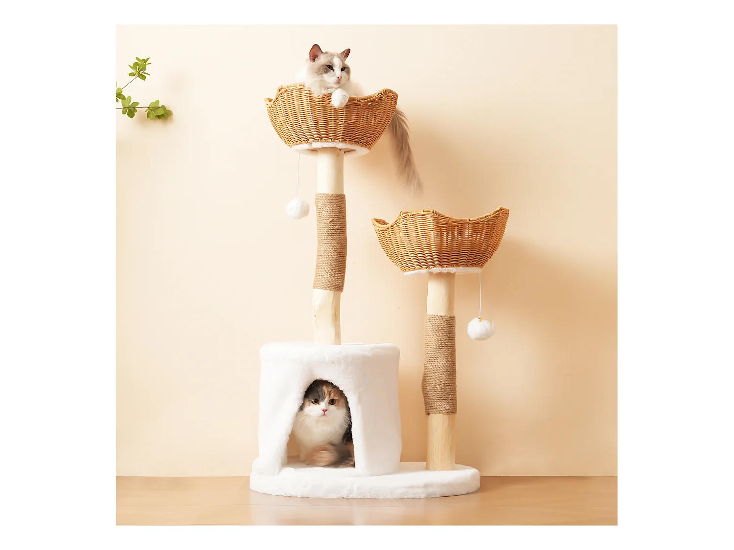 Arbre à chat - 60 x 42 x 108 cm – avec 2 paniers + 1 grotte + balle en peluche + coussin épais - bois - naturel clair