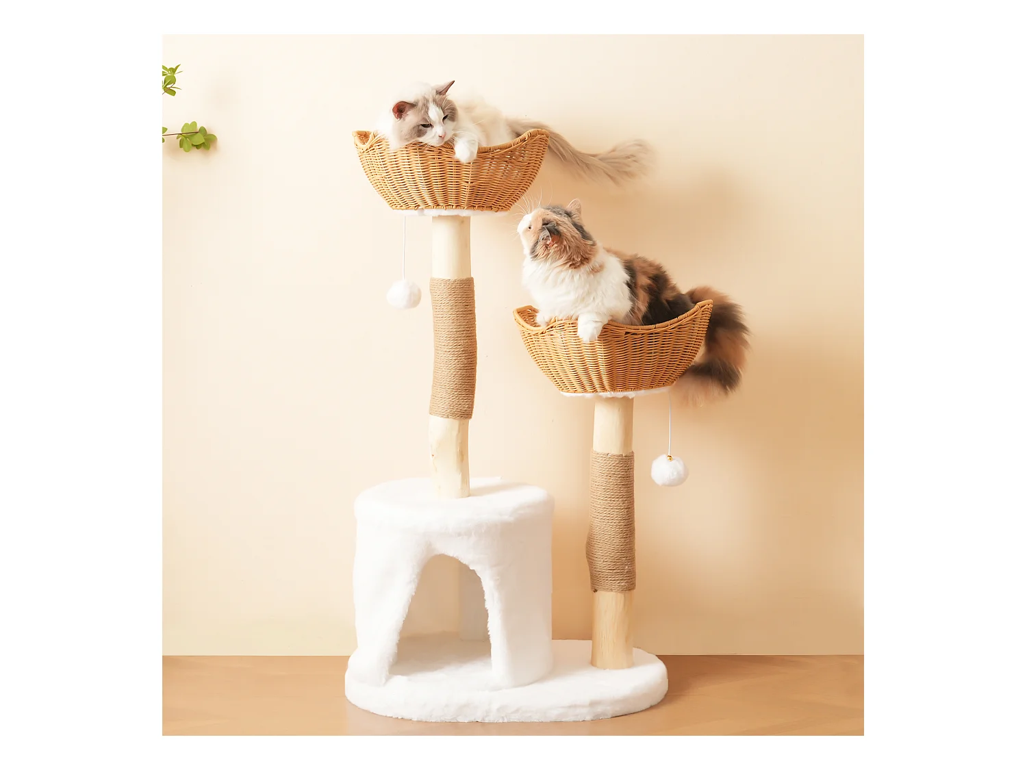 Arbre à chat - 60 x 42 x 108 cm – avec 2 paniers + 1 grotte + balle en peluche + coussin épais - bois - naturel clair