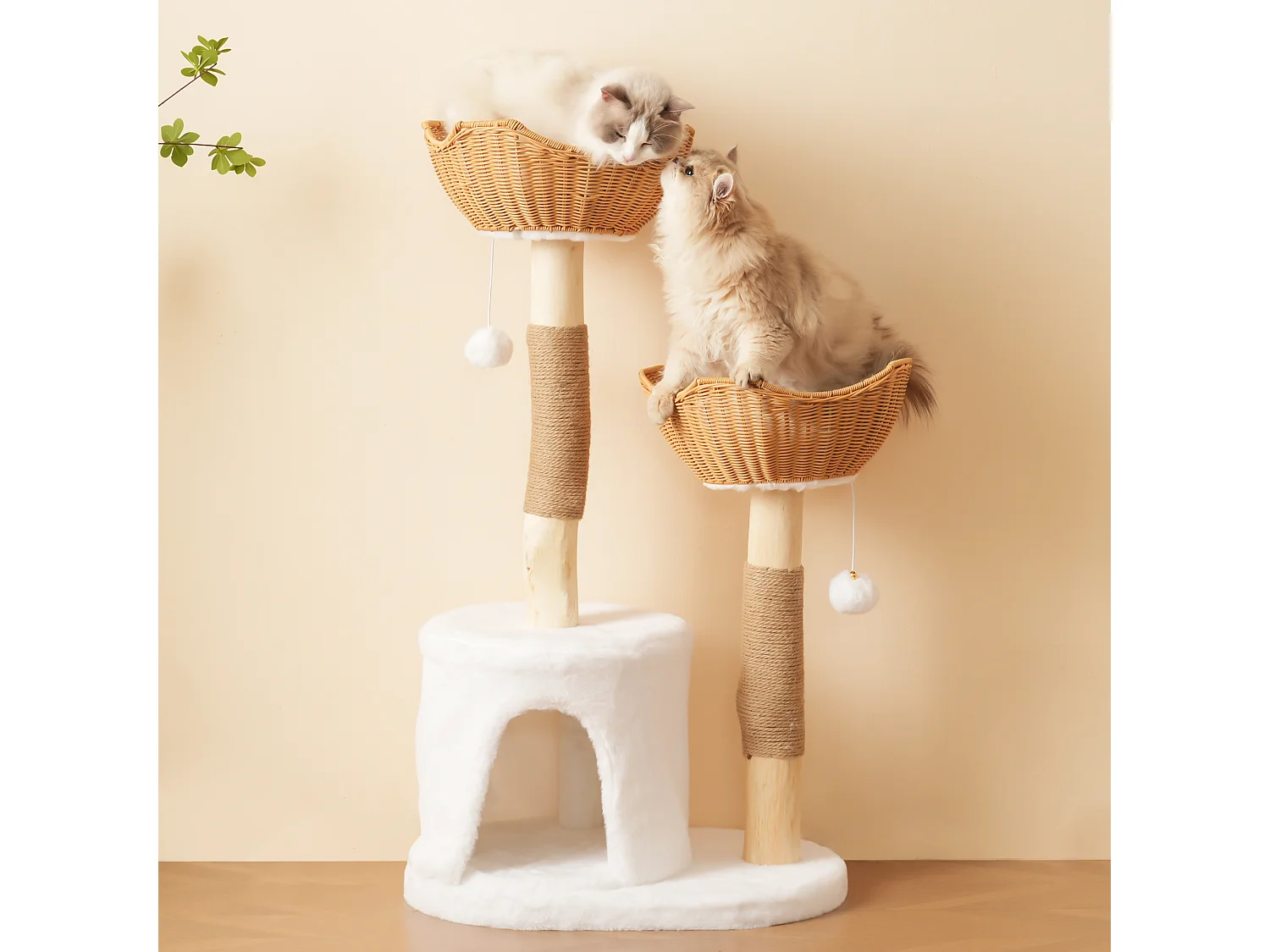 Arbre à chat - 60 x 42 x 108 cm – avec 2 paniers + 1 grotte + balle en peluche + coussin épais - bois - naturel clair