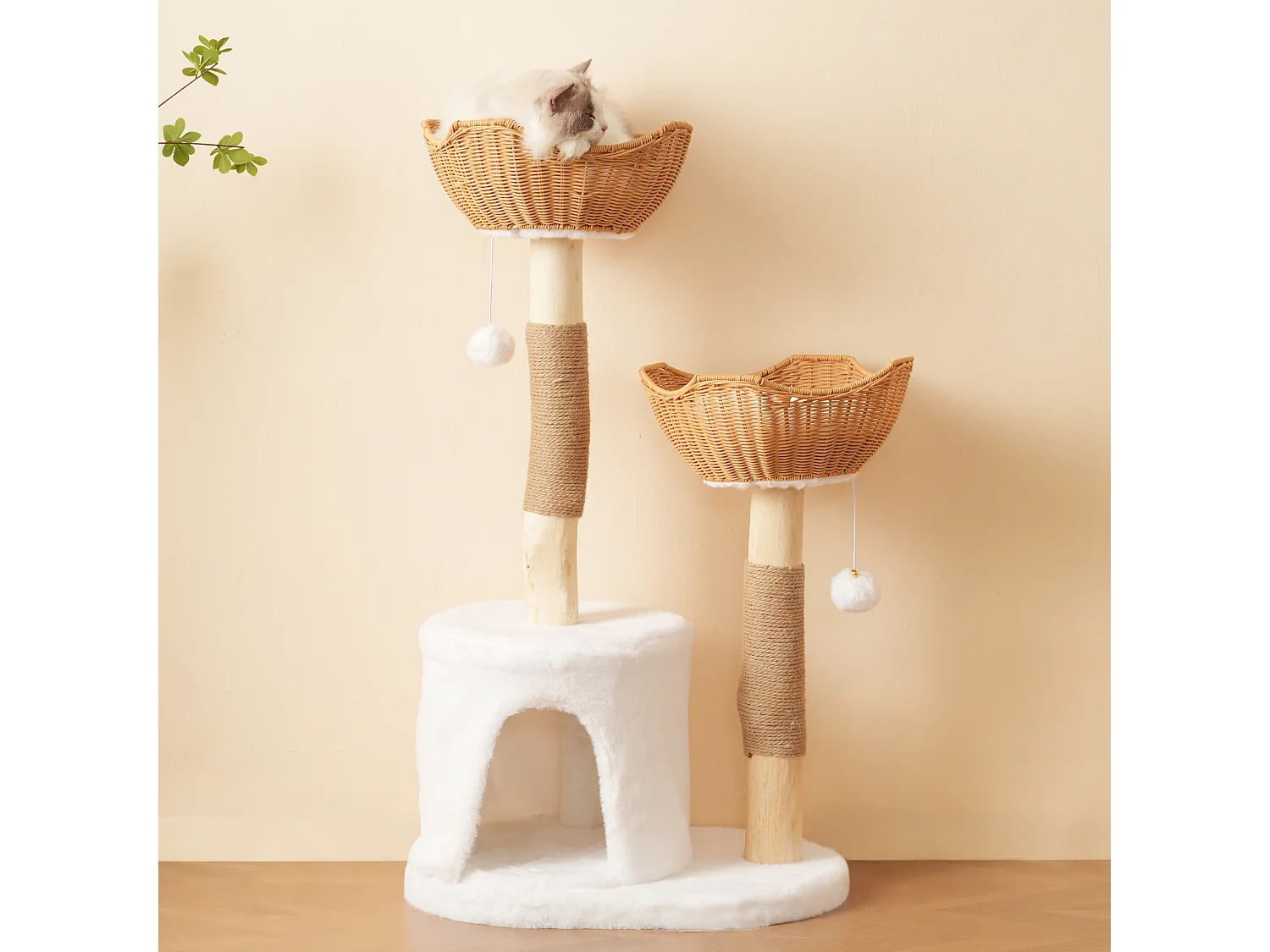 Arbre à chat - 60 x 42 x 108 cm – avec 2 paniers + 1 grotte + balle en peluche + coussin épais - bois - naturel clair