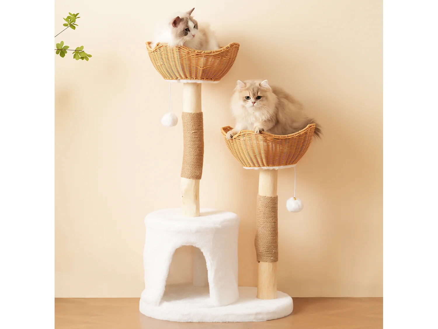 Arbre à chat - 60 x 42 x 108 cm – avec 2 paniers + 1 grotte + balle en peluche + coussin épais - bois - naturel clair