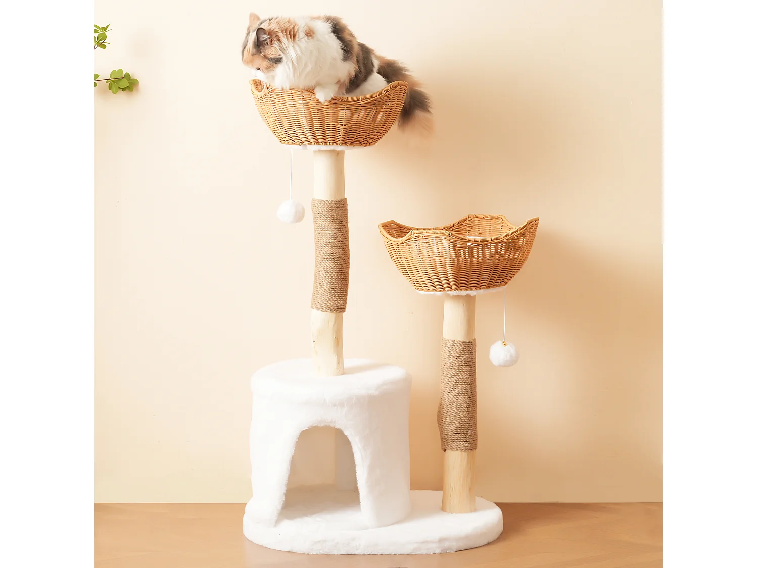 Arbre à chat - 60 x 42 x 108 cm – avec 2 paniers + 1 grotte + balle en peluche + coussin épais - bois - naturel clair