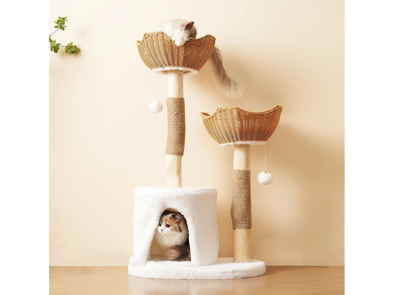 Arbre à chat - 60 x 42 x 108 cm – avec 2 paniers + 1 grotte + balle en peluche + coussin épais - bois - naturel clair