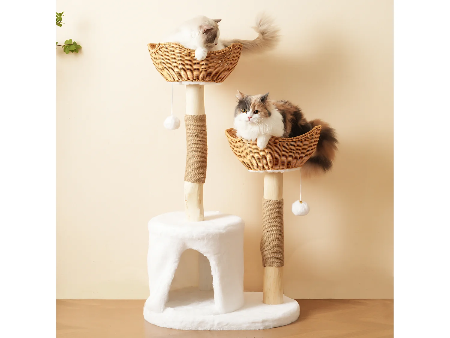 Arbre à chat - 60 x 42 x 108 cm – avec 2 paniers + 1 grotte + balle en peluche + coussin épais - bois - naturel clair