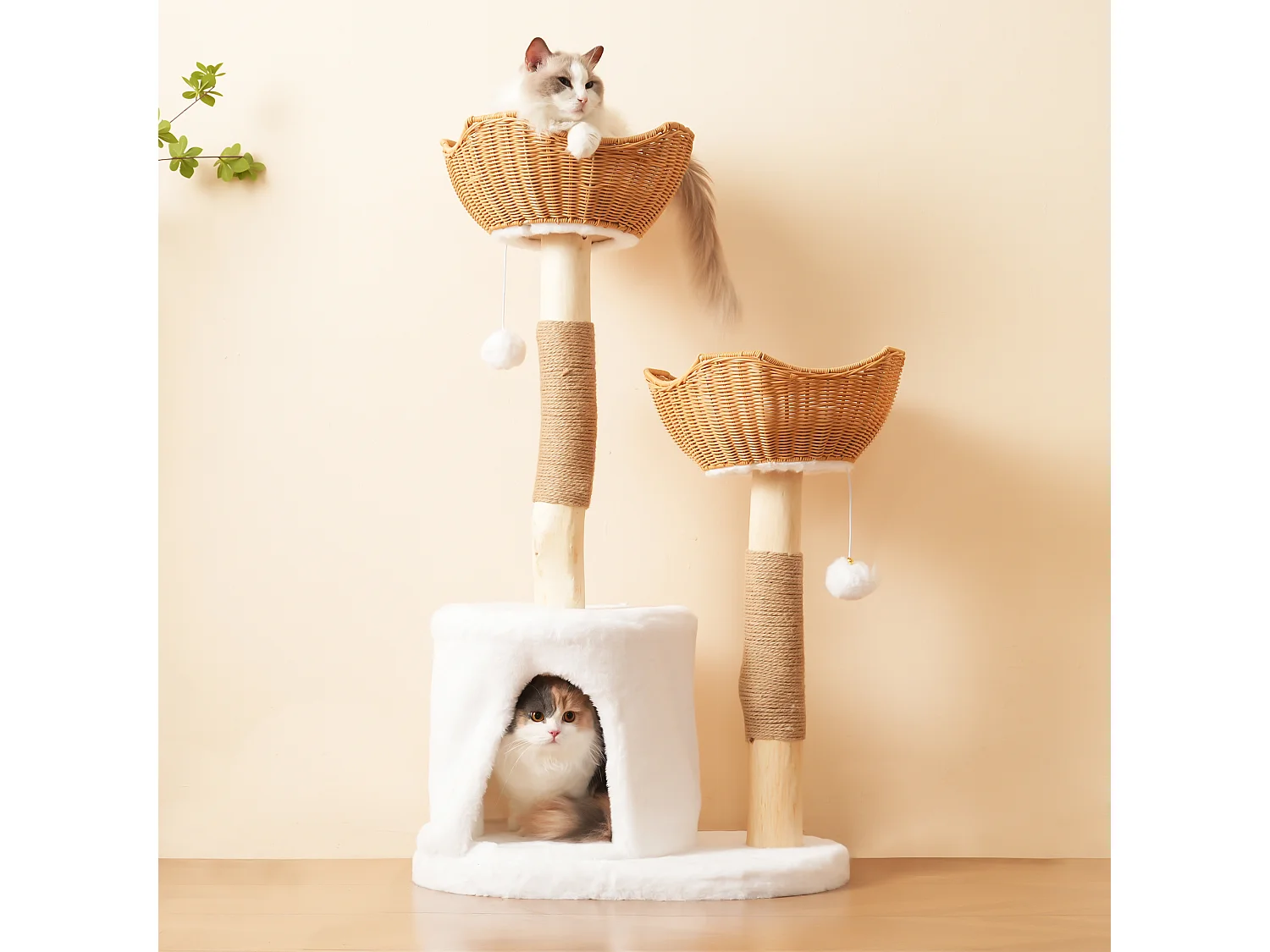 Arbre à chat - 60 x 42 x 108 cm – avec 2 paniers + 1 grotte + balle en peluche + coussin épais - bois - naturel clair