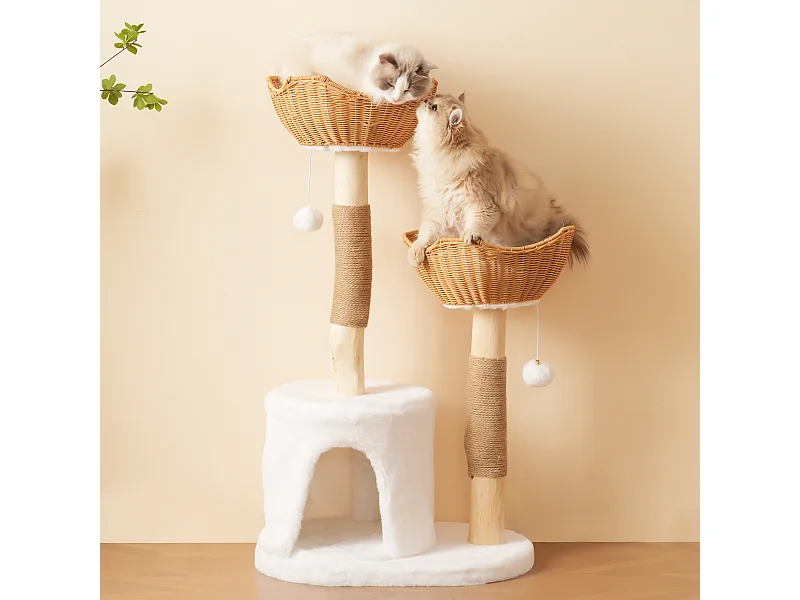 Kratzbaum – 60 x 42 x 108 cm – mit 2 Körben + 1 Höhle + Plüschball + dickem Kissen – Holz – Helles Natur