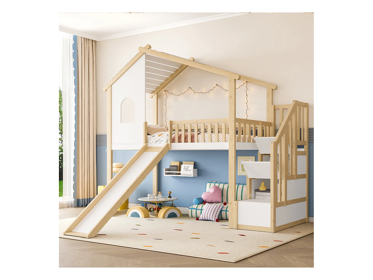 Letto a soppalco per bambini - 90 x 200 cm - con sponda + scaletta + finestra + scivolo - pino - naturale + bianco
